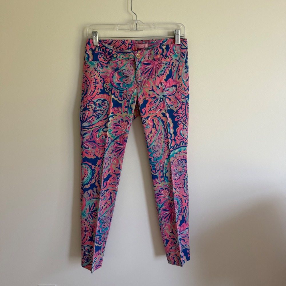 Lilly Pulitzer Kelly Ankle Pants Pink Blue Floral Paisley Jacquard Womens Size 2